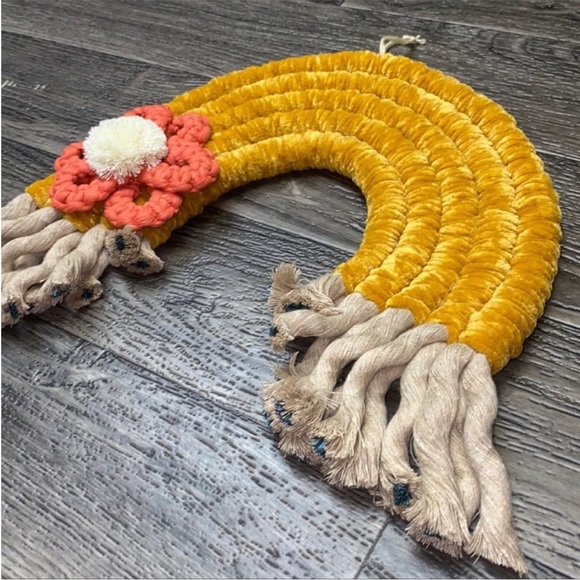 Handmade Yellow Velvet Yarn Rainbow with Macrame Flower and Fringe - Picture 9 of 14